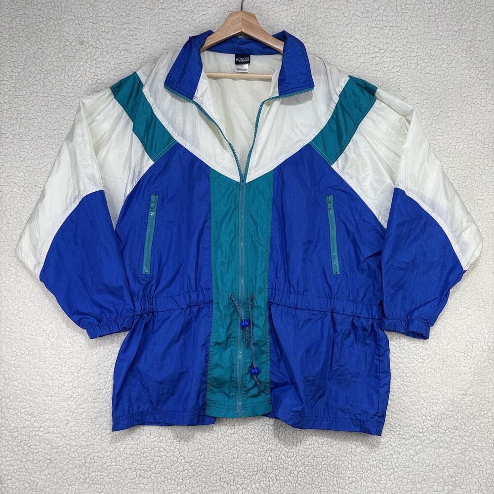 Vtg Honors Plus‎ Size 1x Nylon Windbreaker Track Jacket 80s Colorblock Blue Teal